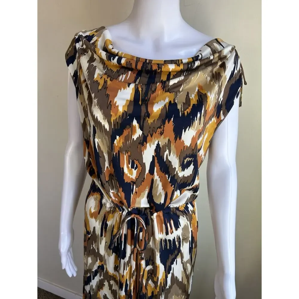 Tory Burch 100% Silk Ikat Print Midi Dress Women M Cowl Neck Tie Waist